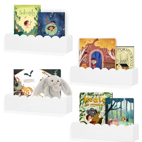 Scalloped Regale, Kinderzimmer Bücherregal, Kinder Floating Bücherregale aus Holz, Babyspielzeug Aufbewahrung Dekor Organizer für Wohnzimmer und Schlafzimmer, vormontiert, 4er-Pack, Kiefer (Weiß) von NIUBEST