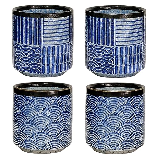 NIUKOMY Vintage Japanisch Stil Teetasse, Chinesische Traditionell Keramik Teetassen 4er Set, Porzellan Kaffeebecher Ohne Henkel, Kleine Tassen Blau für Sushi Sake Espresso 190ML von NIUKOMY