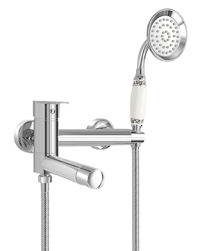 NIUKOMY Badewannenarmatur Vintage, Mischbatterie Badewanne Messing Chrom mit Keramik Handbrause, Wasserhahn Badewanne Wandmontage mit 90° Drehbar Lang Auslauf von NIUKOMY