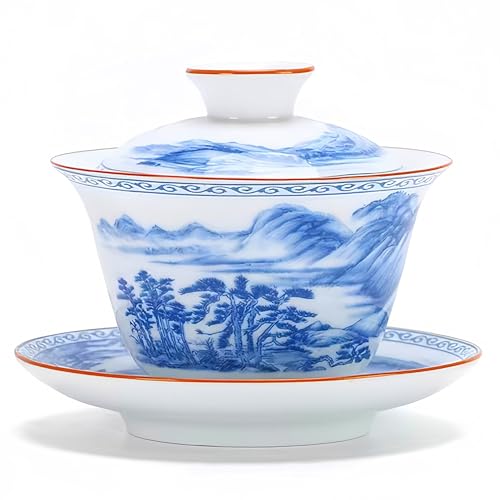 NIUKOMY Gaiwan 200ML, Chinesische Teetasse Traditionelle, Vintage Porzellan Kung Fu Teebecher, China Classic Keramik Teeschale mit Untertasse und Deckel, Blau Landschaftsmalerei NIUKOMY Gaiwan 200ML, Chinesische Teetasse Traditionelle, Vintage Porzellan Kung Fu Teebecher, China Classic Keramik Teeschale mit Untertasse und Deckel, Blau Landschaftsmalerei von NIUKOMY