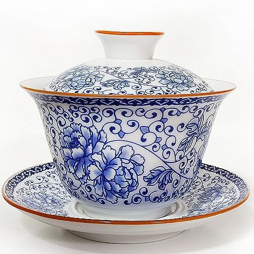 NIUKOMY Gaiwan 200ML, Traditionelle Chinesische Teetasse, Porzellan Kung Fu Teetasse, Teetasse mit Untertasse und Deckel, Pfingstrose von NIUKOMY