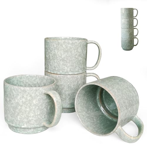 NIUKOMY Groß Keramik Kaffeetassen 4er Set, Moderne Stapelbare Kaffeetassen, 480ML Porzellan Teetassen Set, Handgefertigte Tassen mit Granit Muster für Frühstück, Milch, Kaffee, Tee, Grün von NIUKOMY