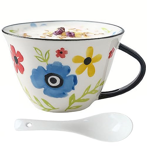 NIUKOMY Milch Frühstückstasse, Große Kaffeetasse Keramik 600ML, XXL Teetasse mit Henkel, Müslitasse, Porzellan Müslitasse mit Löffel, Kaffeetassen Handbemalte Blumenmuster, Blau von NIUKOMY