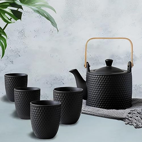 NIUKOMY Porzellan Teeservice mit Sieb, Vintage Japanischen Stil Keramik Tee Set, Chinesische Teeservice Schwarz, 900ML Porzellan Teekanne Set mit Holzgriff und 4 Teetassen für Losen Tee von NIUKOMY