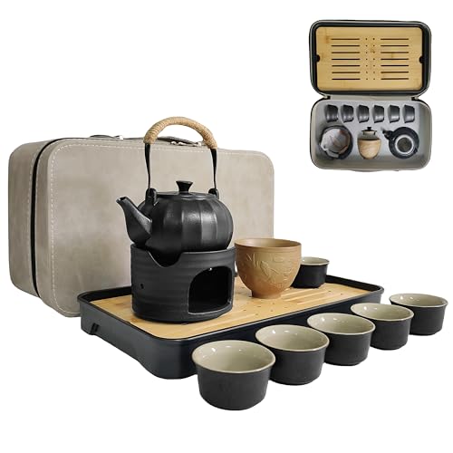 NIUKOMY Tragbare Reise Tee Set mit Reisetasche, Vintage Chinesisches Kung Fu Teeservice, Japanisches Keramik Teekanne Set mit Stövchen, Mini Porzellan Teeset für Erwachsene Geschenke, Schwarz von NIUKOMY