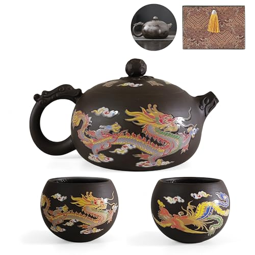 NIUKOMY Yixing Zisha Teekanne Set 450ML, Chinesische Farbwechselnde Teekannen Ton mit Geschenkbox, Groß Kung Fu Lila Teeset Handgefertigte, Drache und Phönix von NIUKOMY