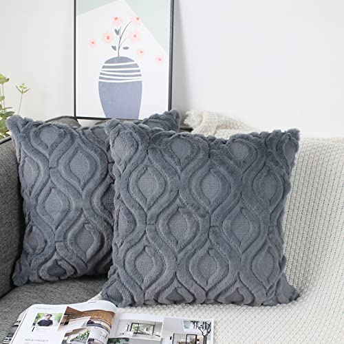 NIULAA 2er Set Plüsch Wolle Kissenbezug 45x45 Anthrazit Grau Samt Boho Deko Kissen Flauschig Couchkissen Dekokissen Fell Kissenbezüge für Sofa Wohnzimmer Modern Kissenhülle Bezug Sofakissen von NIULAA