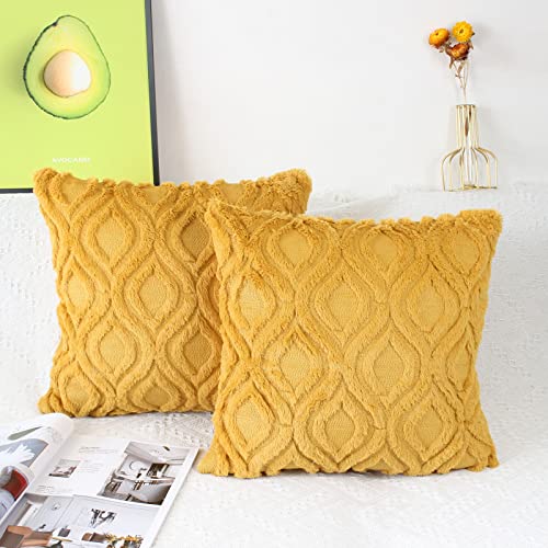 NIULAA 2er Set Plüsch Wolle Kissenbezug 50x50 cm Senfgelb Samt Boho Deko Kissen Flauschig Couchkissen Dekokissen Fell Kissenbezüge für Sofa Modern Kissenhülle Bezug Sofakissen Zierkissen von NIULAA