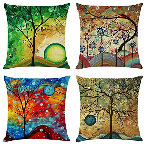 NIULAA 4er Set Kissenbezug 40x40 cm Bunt Baum Deko Kissen Leinen Couchkissen Kissenbezüge mit Muster Wohnzimmer Modern Kuschelkissen Sofakissen Zierkissen kissenhülle für Loungemöbel von NIULAA