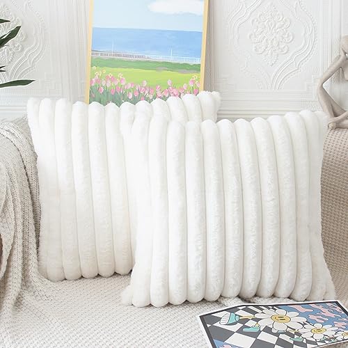 NIULAA Creme Weiß Kissenbezug 45x45 2er Set Flauschig Plüsch Deko Kissenbezüge Weich Gestreift Pelz Kissenhülle Dekokissen Sofakissenbezug Luxus Sofakissen Zierkissenbezüge Wohnzimmer Sofa von NIULAA