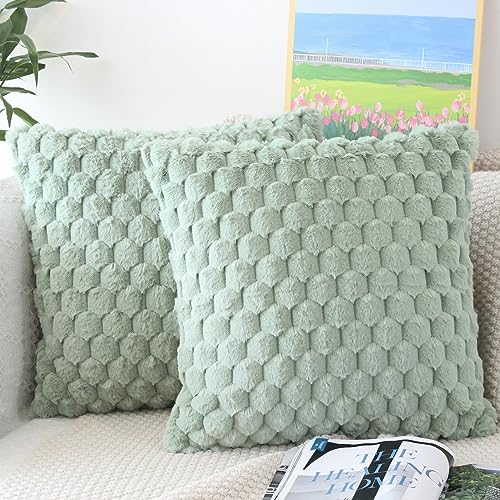 NIULAA Flauschig Kissenbezug 40x40 Salbei Grün 2er Set Plüsch Deko Kissenbezüge Weich Gestreift Kissenhülle Luxus Pelz Dekokissen Sofakissen Zierkissen Kuschelig Kissen Bezüge Wohnzimmer Sofa von NIULAA