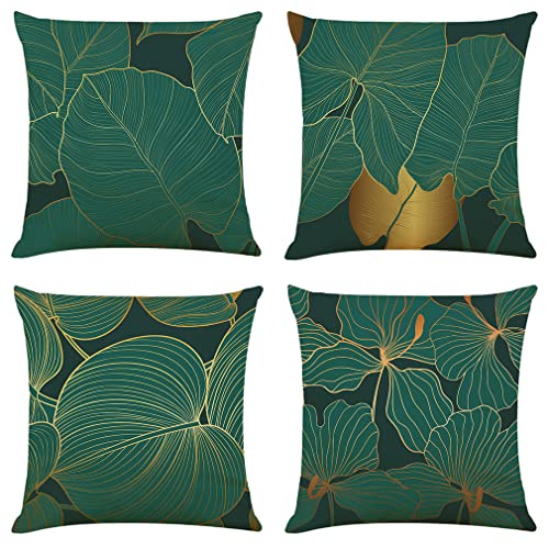 NIULAA Kissenbezug 40x40 4er Set Dunkelgrün Gold Deko Kissen Kissenhülle Dekokissen Natur Landhausstil Dekorative Sofakissen Leinen Kissenbezüge mit Motiv für Sofa Couch Wohnzimmer von NIULAA