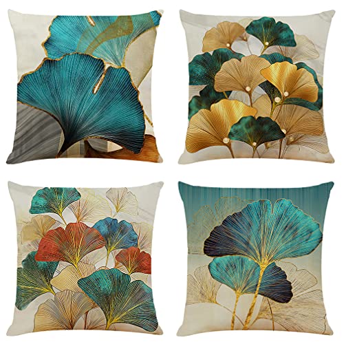 NIULAA Kissenbezug 40x40 4er Set Türkis Gold Ginkgo Deko Kissen Kissenhülle Dekokissen Natur Landhausstil Dekorative Sofakissen Leinen Kissenbezüge Luxus Decor für Sofa Couch Wohnzimmer von NIULAA