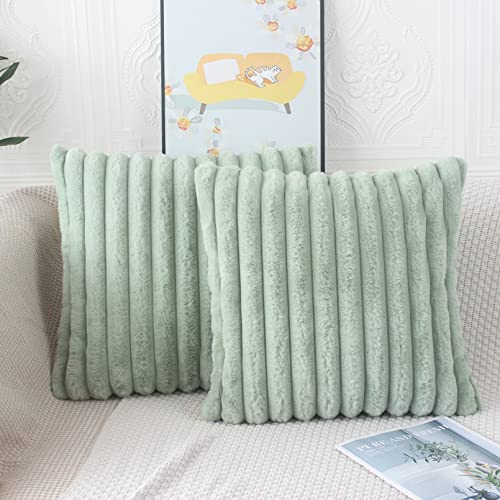 NIULAA Salbei Grün Kissenbezug 40x40 2er Set Flauschig Plüsch Deko Kissenbezüge Weich Gestreift Pelz Kissenhülle Dekokissen Sofakissenbezug Luxus Sofakissen Zierkissenbezüge Wohnzimmer Sofa von NIULAA