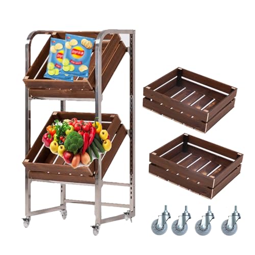 NIUSABOU Einzelhandel Ausstellung, Obst- und Gemüsewagen aus Edelstahl und Holz mit Rädern, 2 oder 3 Ebenen, Walnuss(Walnut,2 Tier with Wheel) von NIUSABOU