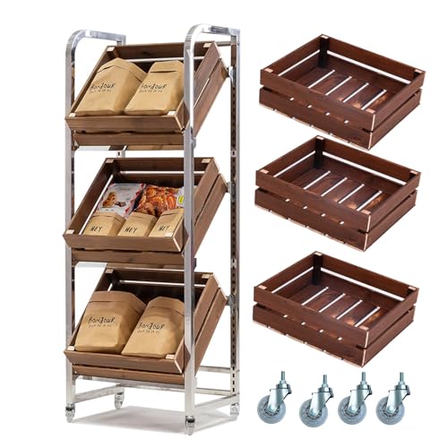 NIUSABOU Einzelhandel Ausstellung, Obst- und Gemüsewagen aus Edelstahl und Holz mit Rädern, 2 oder 3 Ebenen, Walnuss(Walnut,3 Tier with Wheel) von NIUSABOU