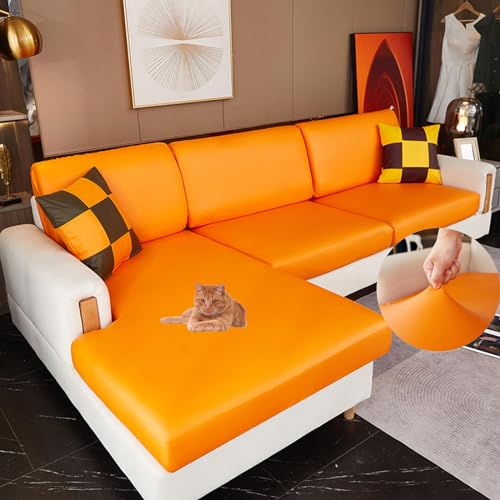 NIUSABOU Sofa-Sitzabdeckung, Sofa-Sitzkissenbezüge, Duschhauben-Design, PU-Leder, Mehrfarbig, mehrere Größen(Orange,Chaiselongue-X(165-190cm)) von NIUSABOU