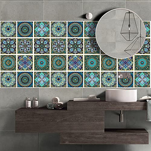 Retro-Boden-Küche Wandfliesen, Fliesenaufkleber 2er oder 3er Pack Blau Gold Mandala PVC Wasserfest Hitzebeständig(2 Pcs/50x100cm) von NIUSABOU