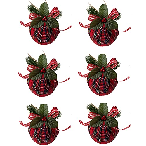 NIUXICH 6 Weihnachtskugeln, roter Büffelkariert, Kugel-Ornamente mit Schleife, grüne Blätter, rote Beeren, Dekoration für Weihnachtsbaum, Urlaub, Party, Zuhause von NIUXICH