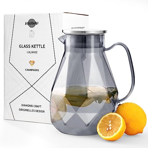 NIUXUAN Glaskaraffe-Wasserkaraffe 1.8 Liter mit Edelstahl Rostfreier Stahl Deckel,Glas Wasserkrug für Kalte und Heiße Getränke, Auslaufsicher Karaffe auch als Teekanne (Schwarz) von NIUXUAN