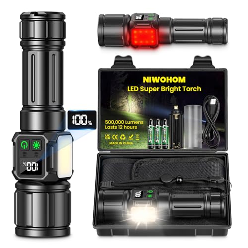 Taschenlampe LED Aufladbar, 500000 Lumen Extrem Hell Taschenlampe mit 9 Lichtmodi, Magnetfuß & IP67 Wasserdichte Flashlight Aufladbar Taktische Taschenlampen mit Holster für Camping Wandern Notfälle von NIWOHOM
