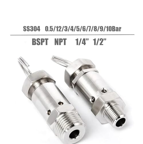 Mini-Überdruckventil 1/4" 1/2" BSPT NPT Außengewinde 0,5-10Bar SS304 Auslassventile Edelstahl Mini-Entlüftungsventile(1I2inch 133g,BSP_0.5 BAR) von NIWPPKIMX