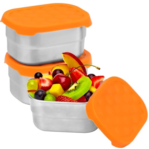 NIXRET 3 Stück Snack-Behälter, 230ml 304 Edelstahl Metall Soße Lebensmittel Lagerung Box Container Mit Silikon-Deckel, Wiederverwendbare Kleine Tragbare Auslaufsicher Food Lunch Boxen Set von NIXRET