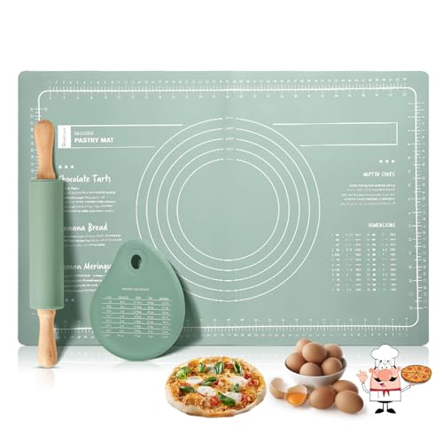 NIXRET Silikon Backmatte Ausrollmatte Set - 60x40cm Verdickt Antihafte Backunterlage mit 1 Nudelholz und 1 Teigschaber - Dauerbackmatte für GebäCk Nudeln Kekse Brot(Grün) von NIXRET