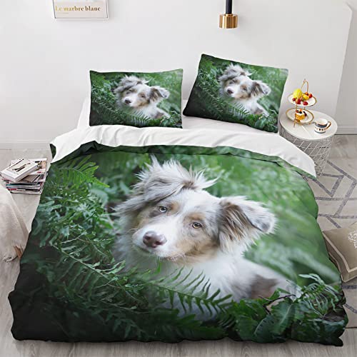 Hund Bettwäsche 155x220 3 Teilig Set - Weiche Winter Wendebettwäsche 155x220 Australischer Hirte mit 2 Kissenbezüge 80x80 cm, Atmungsaktive Angenehme Mikrofaser Bettwäsche Set mit Reißverschluss von NIYAKA