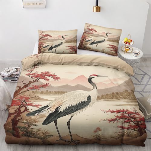 NIYAKA Kranich Bettwäsche 135x200 - japanisch Bettbezug 2er Set mit 1 Kissenbezug 80x80 cm, Weich & Warme & Angenehm Mikrofaser Bettwäsche-Sets mit Reißverschluss von NIYAKA