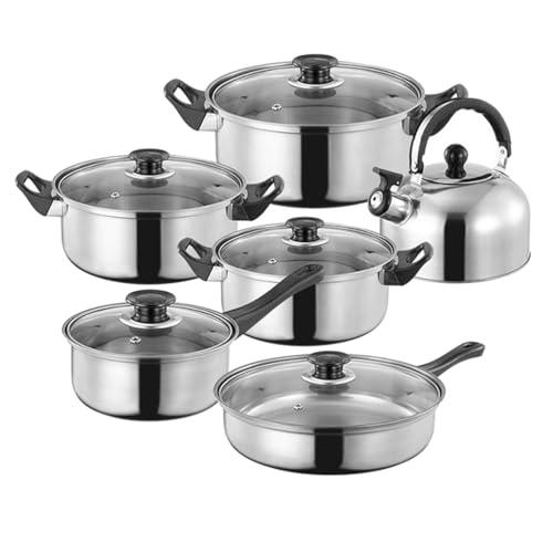 NIYANGLE 12-teiliges Kochgeschirrset aus Edelstahl mit Milchtopf, Kochtopf, Bratkessel, Küchentöpfen und Pfannen für Induktions-, Gas- und Elektroherde von NIYANGLE