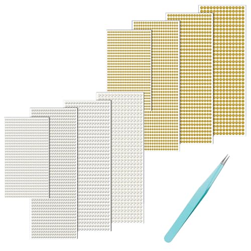 5600 Stück Selbstklebend Halbperlen, 8 Blatt 3/4/5/6mm Selbstklebende Perlen-Aufklebe, Selbstklebende Perlen mit Pinzette für Schmuckherstellung Basteln DIY Handy, Cremefarbene und Gold Perlen von NIYATA
