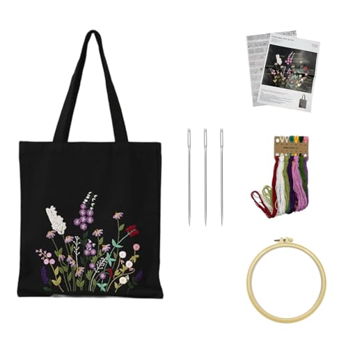 NIYATA Sticken Canvas Tragetasche Set für Erwachsene und Anfänger, Kreuzstich Kit mit Blumenmuster, Bambus Stickrahmen, Farbfäden, Nadeln (Schwarz) von NIYATA
