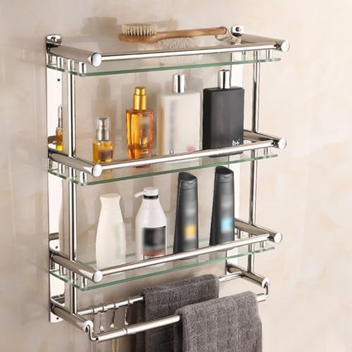 NIZAME Glasregal Für das Badezimmer, Wandmontierte Glasregale, Dusche Edelstahl Glas Regal Multi-Tier, Tempered Glass Storage Organizer mit Haken und Handtuchhalter, Silber(Color:3 Layers,Size:60cm) von NIZAME