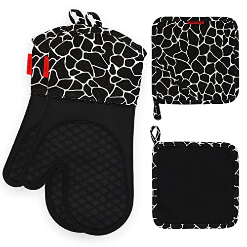 Ofenhandschuhe Topfhandschuhe Anti-Rutsch mit Hitzebeständige Backhandschuhe - 4er Set Kochhandschuhe Topflappen Silikon Hitzebest Geeignet Küchenhandschuhe für Kochen Backen Grillen von NIZHENHAO