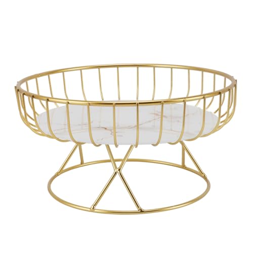 NIZUUONE Runde Drahtfruchthalter mit Glatte Oberfläche, Starker und Rostbeständiger Metallfruchtschale für Küchentheke für Dessertbrot - Eisen (L weißer Hintergrund mit goldenen Streifen) von NIZUUONE