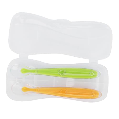 NIZUUONE Säugling Silikonlöffel Flaches Schaufeldesign für Fütterung von Babys über 4 Monate Alt mit Kasten, Schnellhitze -Dissipation Babylöffel Gelb und Grün 2pcsset (Gelb+grün) von NIZUUONE