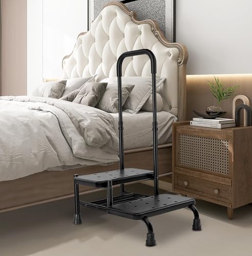 NIdreamCE Bettstufen für Hochbetten fürSenioren,Erwachsene,2 Tritthocker mit verstellbarem Handlauf,rutschfeste Fußhockerleiter für Bett,Küche, Auto,Wohnwagen,Badewannen Einstiegshilfe (Schwarz von NIdreamCE