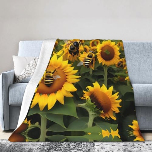 NImongt Atmungsaktive Flanelldecke mit Sonnenblumen-Bienen-Druck, leicht, hautfreundlich, konditionierende Decke für Bett von NImongt