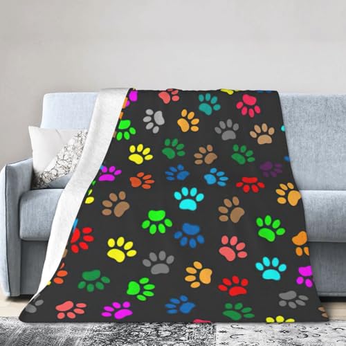 NImongt Atmungsaktive Flanelldecke mit buntem Hundepfotenabdruck, schwarz, leicht, hautfreundlich, konditionierende Decke für Bett von NImongt