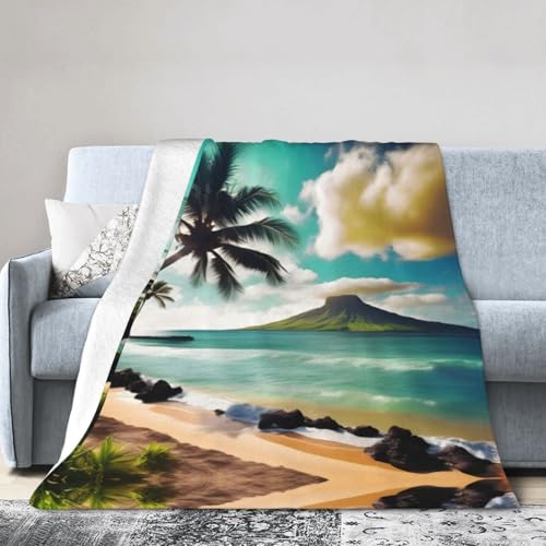 NImongt Atmungsaktive Flanelldecke mit tropischem Strandpalmen-Druck, leicht, hautfreundlich, konditionierende Decke für Bett von NImongt