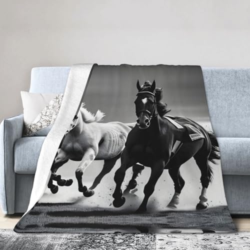 NImongt Schwarze und weiße Pferde-Lauf-Druck, atmungsaktive Flanelldecke, leicht, hautfreundlich, konditionierende Decke für Bett von NImongt
