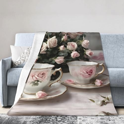 NImongt Teetassen mit Rosen, romantischer Shabby-Druck, atmungsaktive Flanelldecke, leicht, hautfreundlich, konditionierende Decke für Bett von NImongt