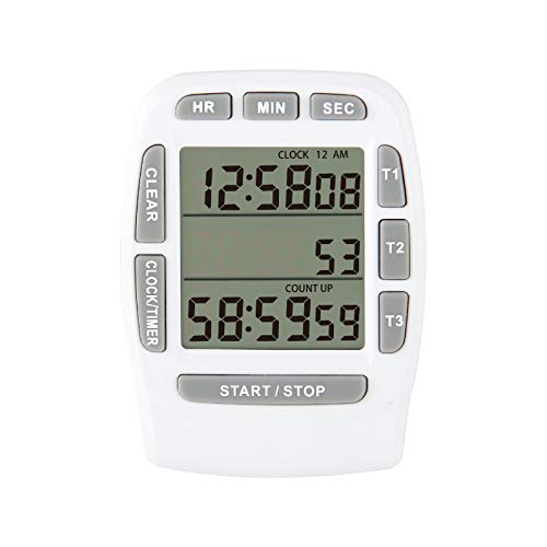 NInE-ROnG Digitaler Timer Großer LCD 3-Kanal-Digital-Timer,Küchentimer,Countdown-Timer Kochtimer Reset Uhralarm Lauter Starker Magnet Halterung Austauschbare Batterie für ältere Kinder (White) von NInE-ROnG