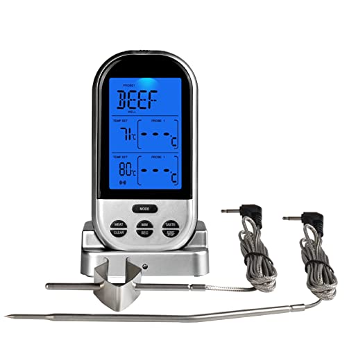 NInE-ROnG Drahtloses digitales Fleischthermometer Küchentimer mit zwei Sonden Kochthermometer für Rindfleisch Smoker Ofen Grill BBQ (silber) von NInE-ROnG