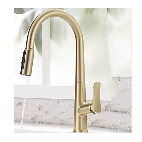 NJDQFA Brushed Gold,Wasserhahn Küche Für Warm Kalt Und Trinkwasser,Kupfer Mischbatterie Küche Einzelloch,Einzelgriff 3 Wege Küchenarmatur 360° Drehbar von NJDQFA