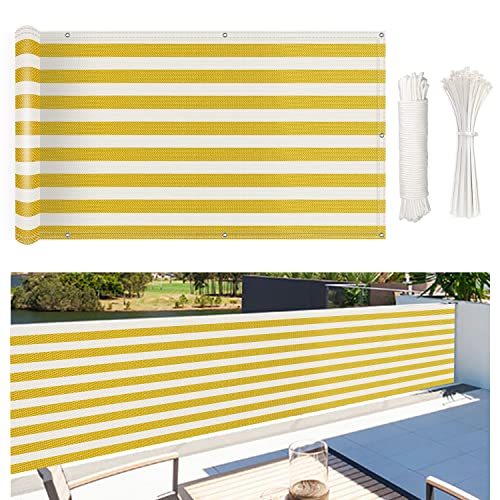 NKADNB Balkonabdeckung 75x150cm Windschutz Sichtblende 100% Privatsphäre, Winddicht UV-beständig Reißfest, Balkonverkleidung für Balkongeländer Garten Gelb-Weiß Gestreift von NKADNB