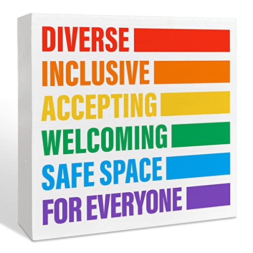 LGBT Holzbox-Schild, LGBTQ Home Office Desk Decor, Regenbogen Lesben Gay Queer Room Decoration, LGBT Pride Month Männer Frauen Teens Gifts, Diverse Inclusive Accepting Welcoming Safe Space von NKBINLILI