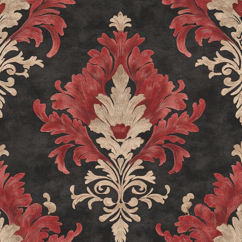 NKDYVB 45cm x 1000cm Retro Schwarz Rot Blumen Abziehbare Tapete zum Abziehen und Aufkleben Damast Blumen Kontaktpapier selbstklebend für Wohnzimmer- und Schlafzimmerdekor von NKDYVB