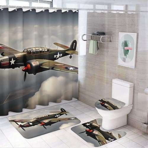 NKJJSTES Duschvorhang-Set mit Duschvorhang und Teppichen und rutschfester U-förmiger Matte, 2. Weltkrieg, Flugzeug-WC-Deckelbezug für Badezimmer von NKJJSTES